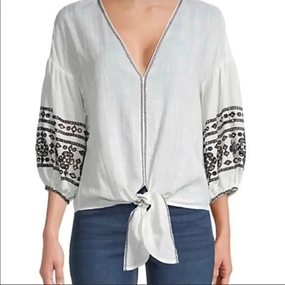 MAX STUDIO cotton-blend embroidery top
